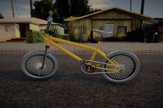 Żółty BMX na osiedlowej ulicy — kadr z gry